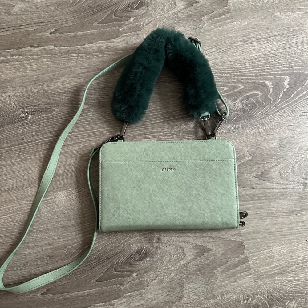 Calpak Mint Green/Teal Crossbody Wallet with Faux Fur Strap